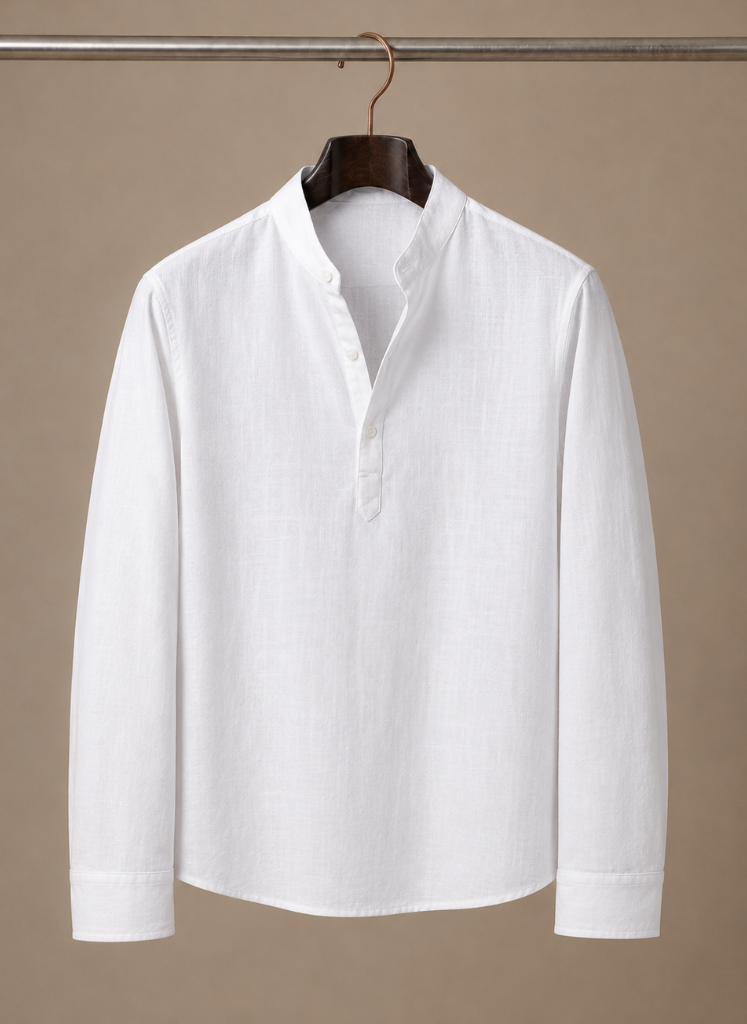 Men's Linen Shirt with Grandad Collar in relaxed fit, ideal for casual wear; made from lightweight, breathable fabric for ultimate comfort. 1