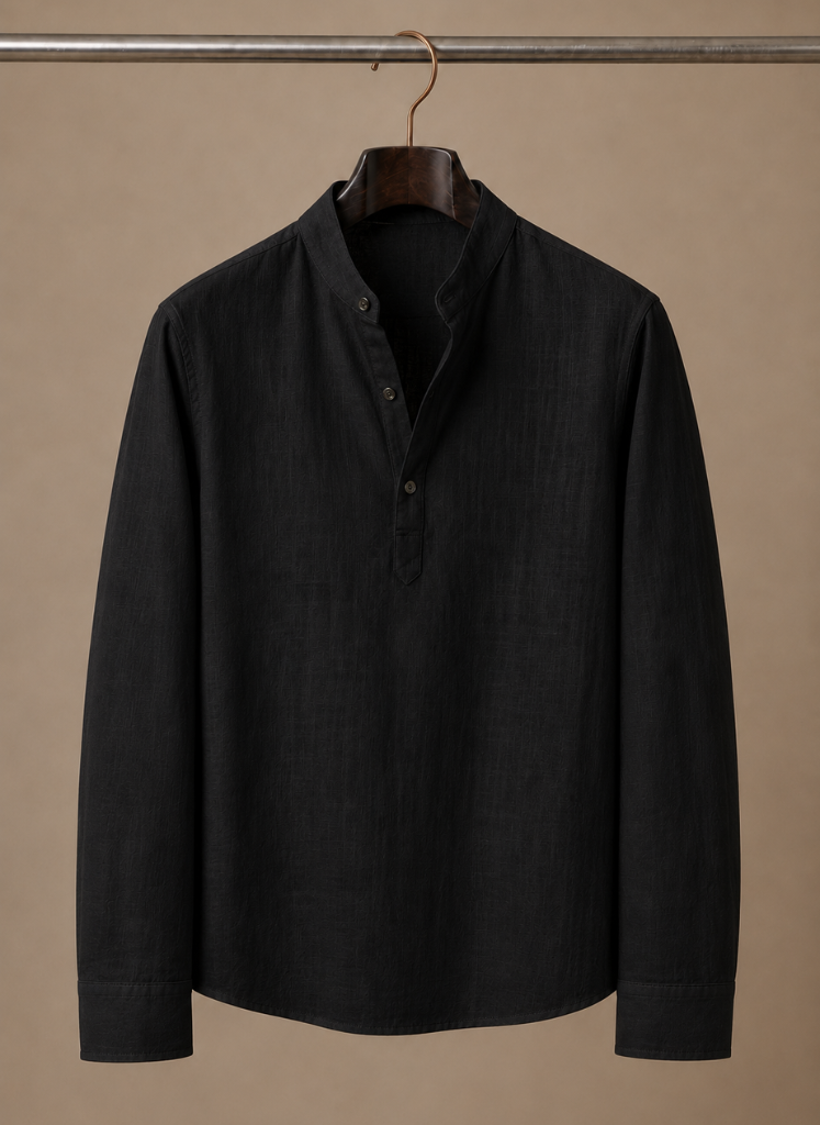 Men's Linen Shirt with Grandad Collar in relaxed fit, ideal for casual wear; made from lightweight, breathable fabric for ultimate comfort. 4