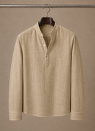 Men's Linen Shirt with Grandad Collar in relaxed fit, ideal for casual wear; made from lightweight, breathable fabric for ultimate comfort. 8