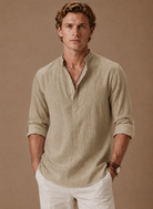 Men's Linen Shirt with Grandad Collar in relaxed fit, ideal for casual wear; made from lightweight, breathable fabric for ultimate comfort. 9