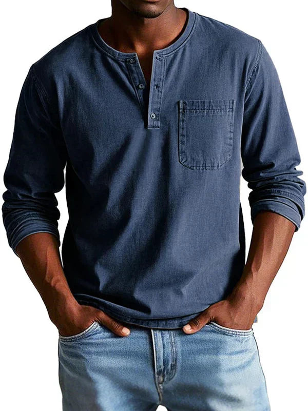 Men's long-sleeve henley shirt featuring a classic neckline, designed for casual fit and everyday comfort, available in various sizes. 2