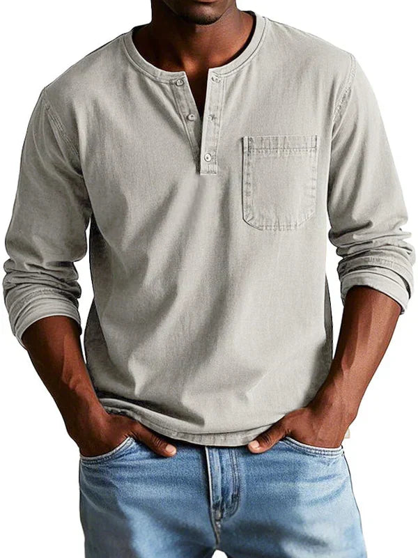 Men's long-sleeve henley shirt featuring a classic neckline, designed for casual fit and everyday comfort, available in various sizes. 5