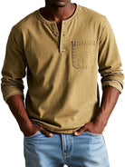Men's long-sleeve henley shirt featuring a classic neckline, designed for casual fit and everyday comfort, available in various sizes. 6