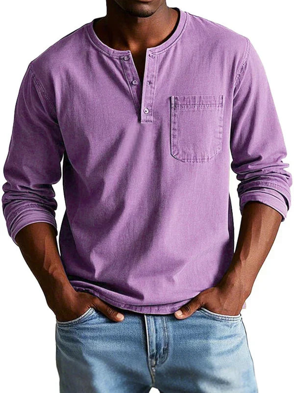 Men's long-sleeve henley shirt featuring a classic neckline, designed for casual fit and everyday comfort, available in various sizes. 7