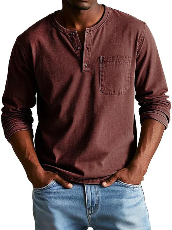 Men's long-sleeve henley shirt featuring a classic neckline, designed for casual fit and everyday comfort, available in various sizes. 8