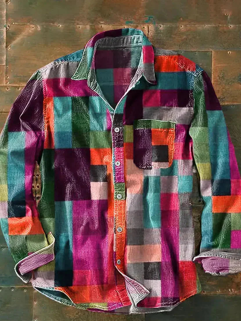 Men's long sleeve casual shirt featuring a stylish patchwork design in a relaxed fit, perfect for everyday wear or social occasions. 1