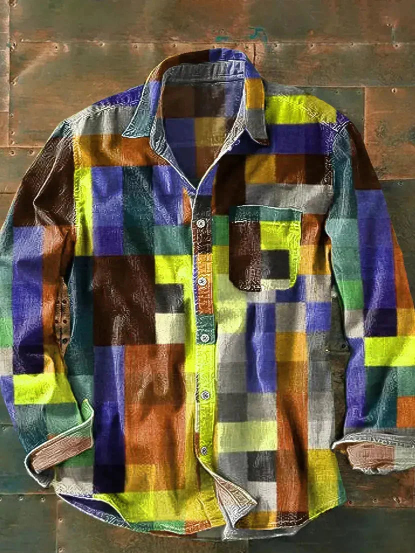 Men's long sleeve casual shirt featuring a stylish patchwork design in a relaxed fit, perfect for everyday wear or social occasions. 3