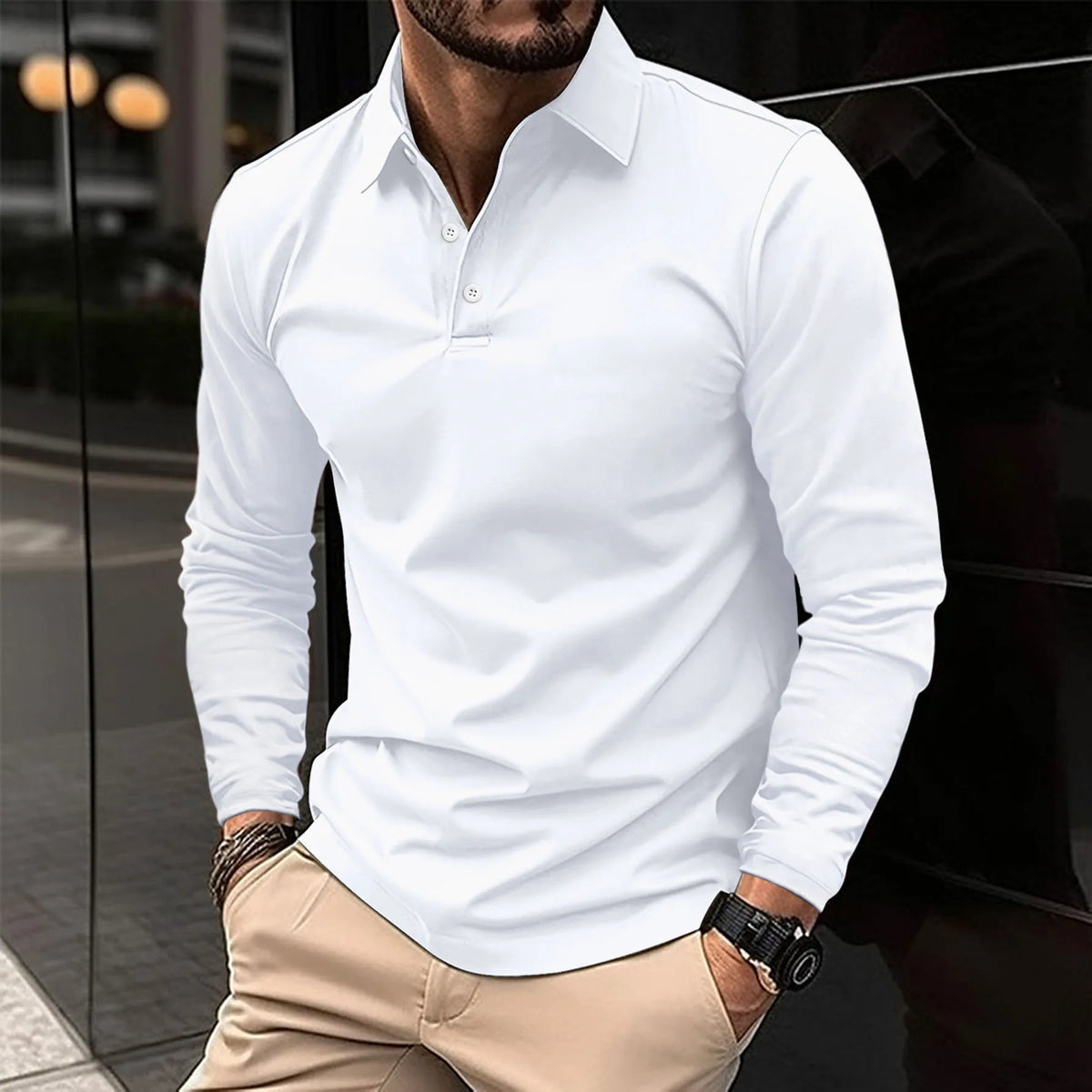 Men's long sleeve polo shirt with collar in a slim fit classic design, crafted from soft fabric for comfort and style. 0