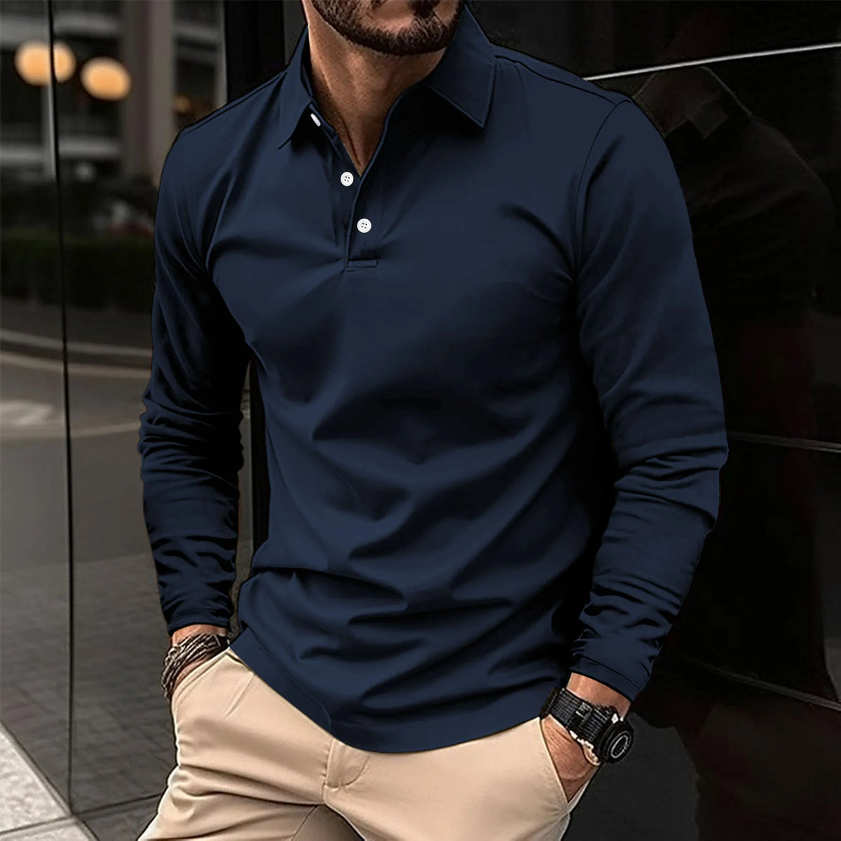 Men's long sleeve polo shirt with collar in a slim fit classic design, crafted from soft fabric for comfort and style. 1