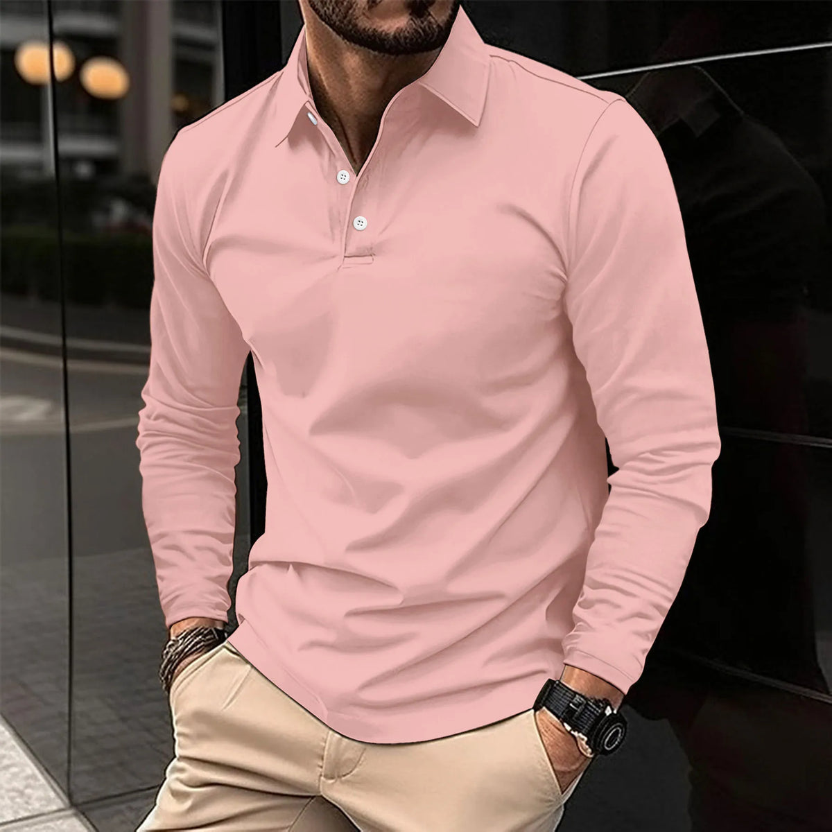 Men's long sleeve polo shirt with collar in a slim fit classic design, crafted from soft fabric for comfort and style. 2