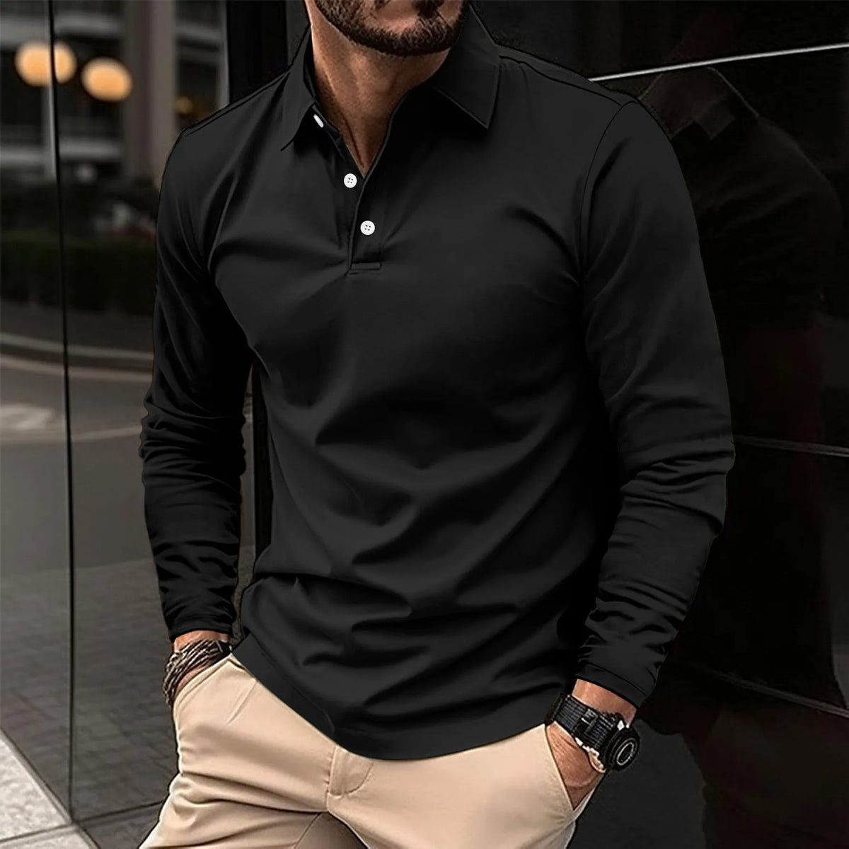 Men's long sleeve polo shirt with collar in a slim fit classic design, crafted from soft fabric for comfort and style. 3