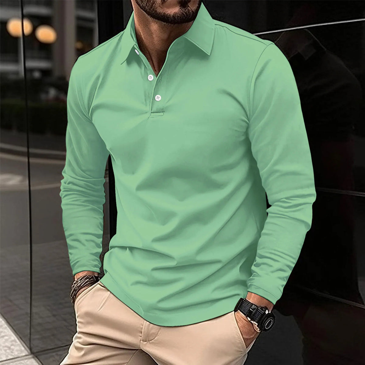 Men's long sleeve polo shirt with collar in a slim fit classic design, crafted from soft fabric for comfort and style. 7