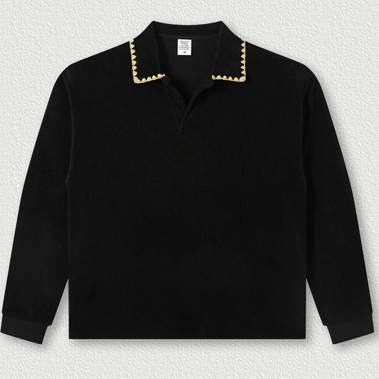 Men's long sleeve t-shirt with a stylish folded collar, made from 360gsm cotton, available in black and khaki, perfect for casual wear 0