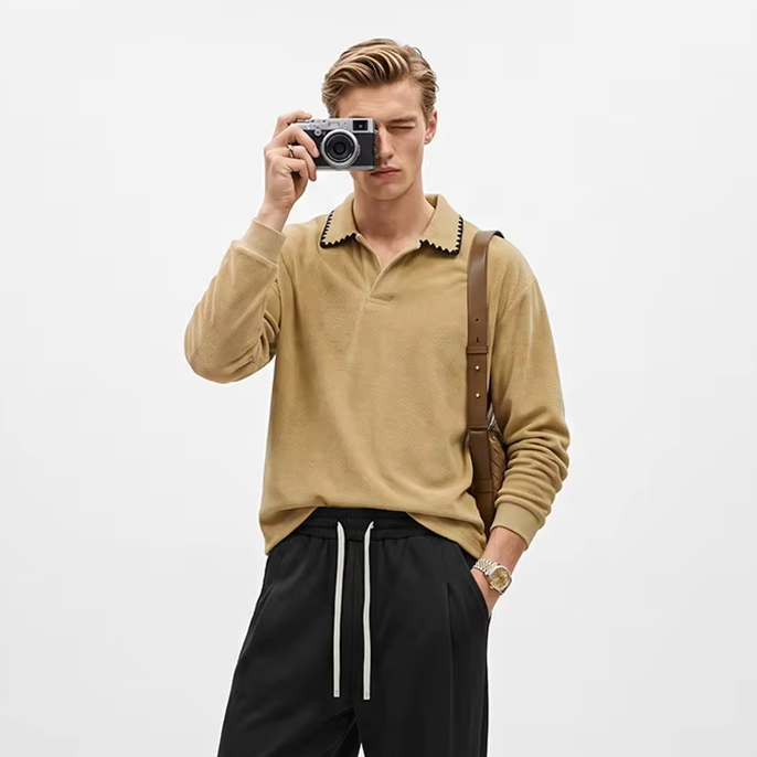 Men's long sleeve t-shirt with a stylish folded collar, made from 360gsm cotton, available in black and khaki, perfect for casual wear 4
