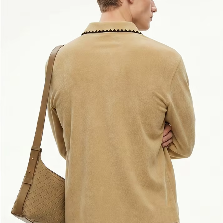 Men's long sleeve t-shirt with a stylish folded collar, made from 360gsm cotton, available in black and khaki, perfect for casual wear 5
