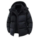Men's puffer jacket with hood and full zip closure, featuring a quilted design for warmth, ideal winter coat for cold weather. 0
