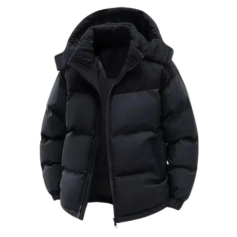 Men's puffer jacket with hood and full zip closure, featuring a quilted design for warmth, ideal winter coat for cold weather. 0