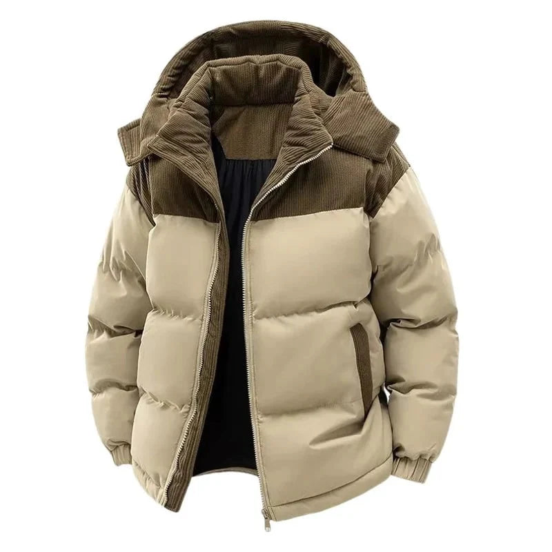 Men's puffer jacket with hood and full zip closure, featuring a quilted design for warmth, ideal winter coat for cold weather. 2