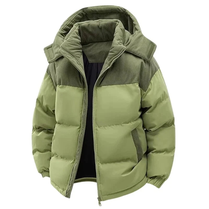 Men's puffer jacket with hood and full zip closure, featuring a quilted design for warmth, ideal winter coat for cold weather. 5