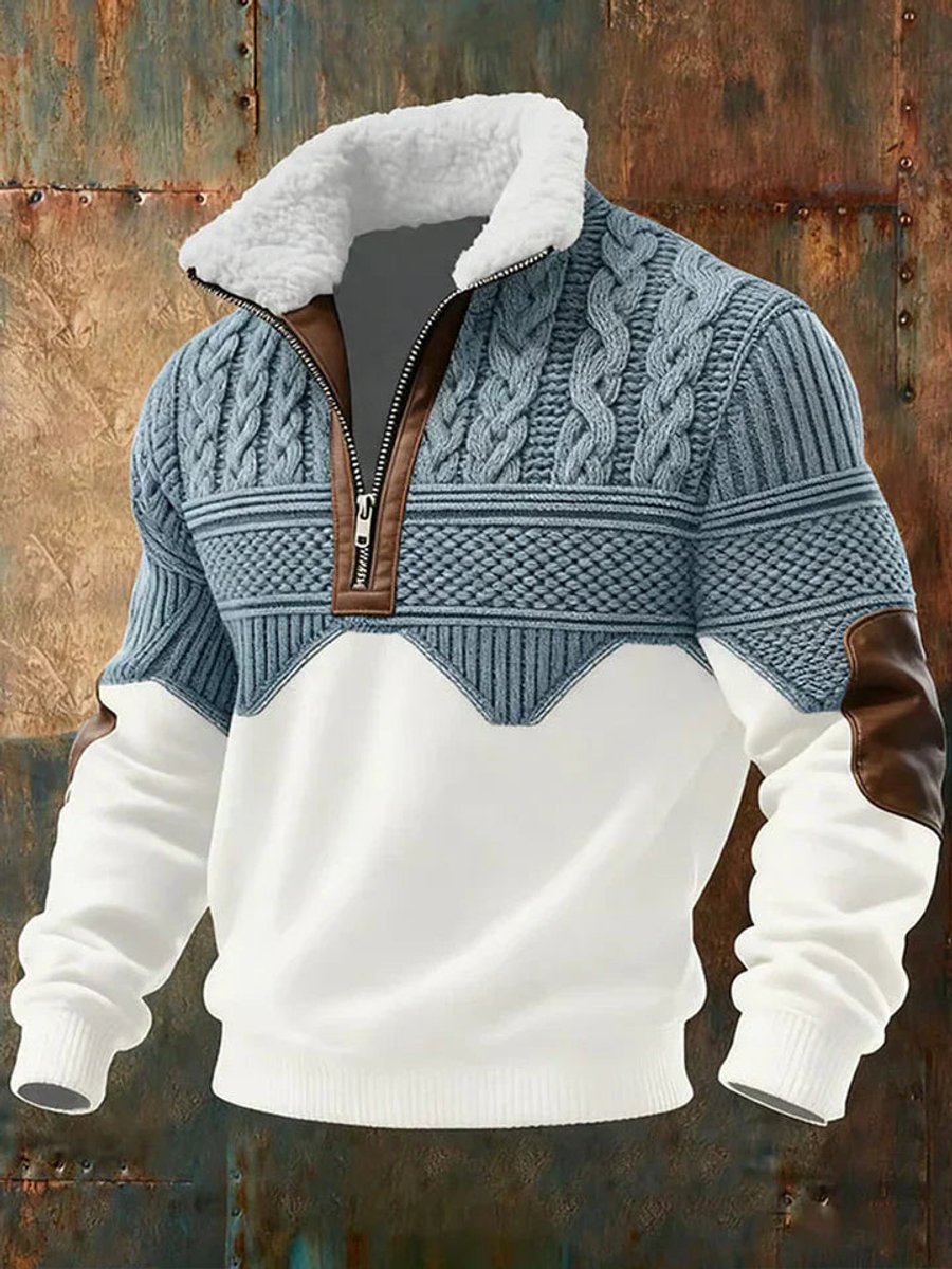Men's quarter zip sweater featuring a cozy fleece collar, stylish cable knit pattern, and a trendy color-block design, perfect for casual outings and layering in 0