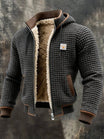 Men's quilted jacket featuring a cozy sherpa fleece lining and an adjustable hood, designed for warmth and style in winter outerwear. 0