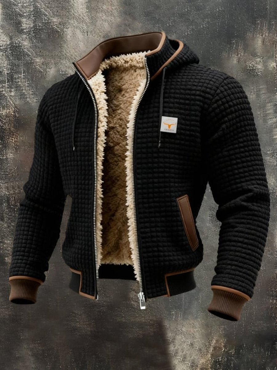 Men's quilted jacket featuring a cozy sherpa fleece lining and an adjustable hood, designed for warmth and style in winter outerwear. 1