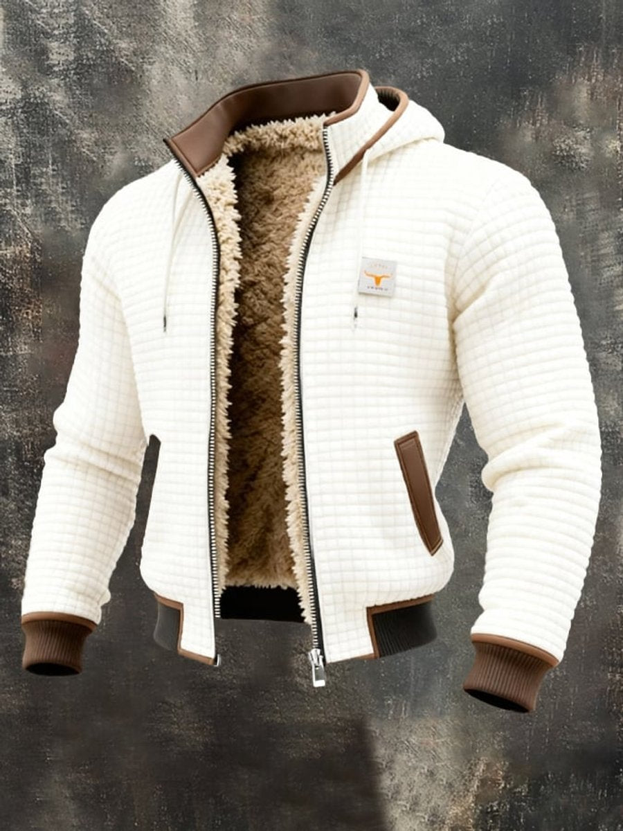 Men's quilted jacket featuring a cozy sherpa fleece lining and an adjustable hood, designed for warmth and style in winter outerwear. 2