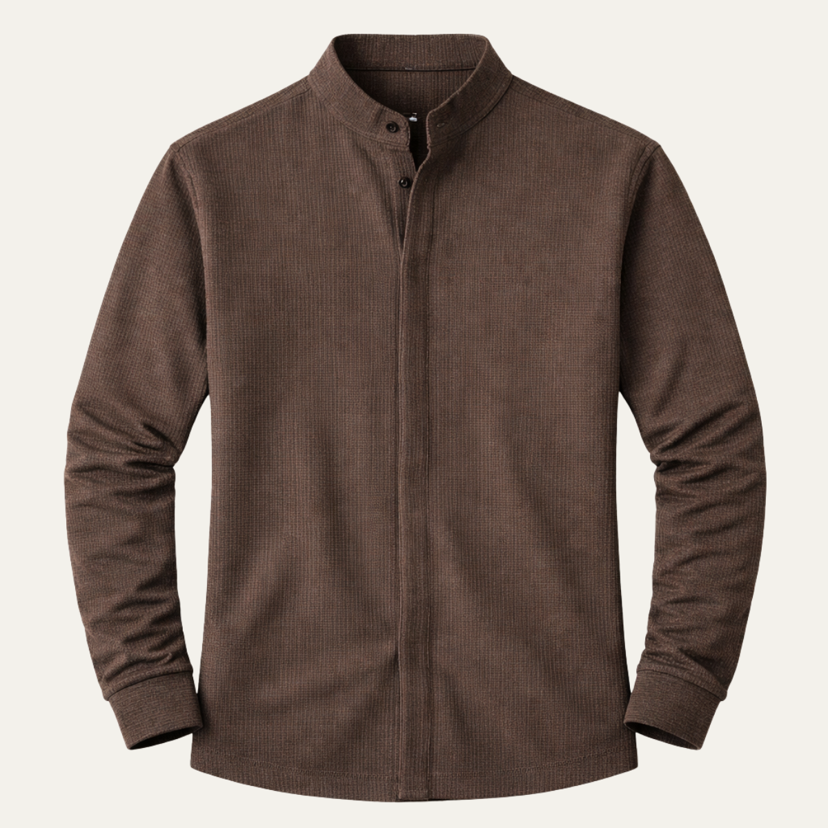 Men's ribbed knit henley shirt featuring a buttoned placket, designed for comfort with a stretch fit, long sleeves, and regular fit; 3