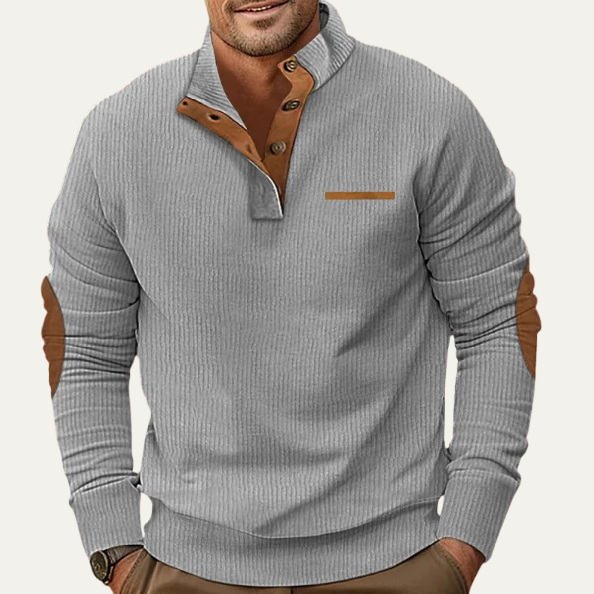 Men's ribbed knit long sleeve shirt featuring stylish elbow patches, available in grey, beige, navy, and white, made with stretch fabric for comfort 0