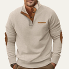 Men's ribbed knit long sleeve shirt featuring stylish elbow patches, available in grey, beige, navy, and white, made with stretch fabric for comfort 1