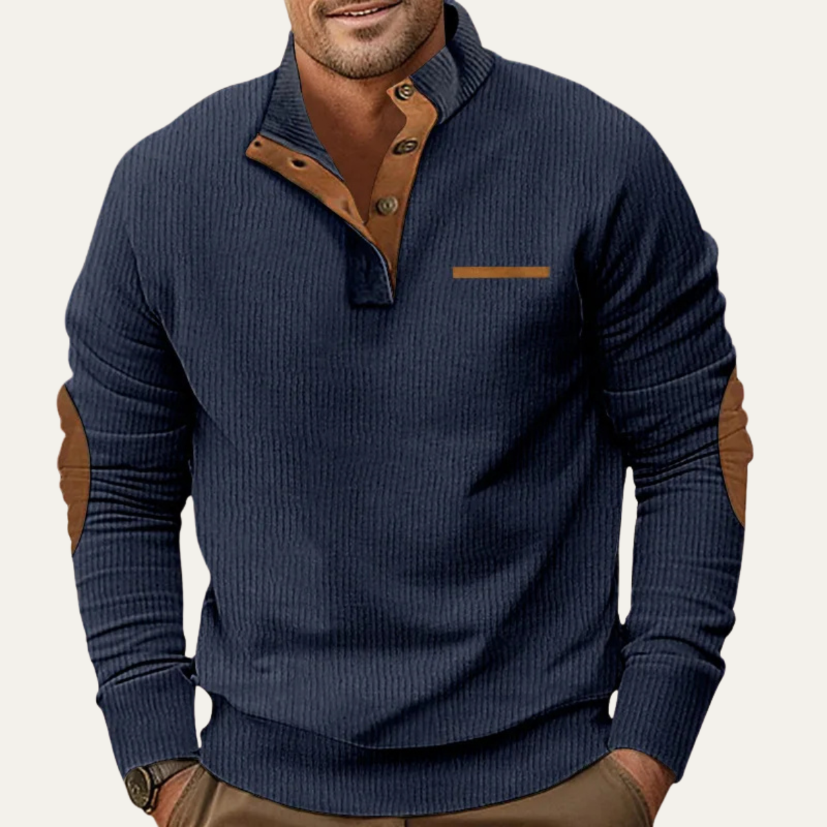 Men's ribbed knit long sleeve shirt featuring stylish elbow patches, available in grey, beige, navy, and white, made with stretch fabric for comfort 2