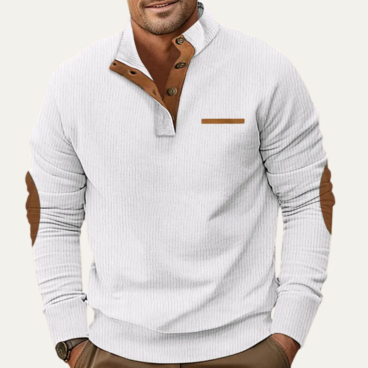 Men's ribbed knit long sleeve shirt featuring stylish elbow patches, available in grey, beige, navy, and white, made with stretch fabric for comfort 3