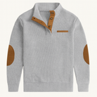 Men's ribbed knit long sleeve shirt featuring stylish elbow patches, available in grey, beige, navy, and white, made with stretch fabric for comfort 4