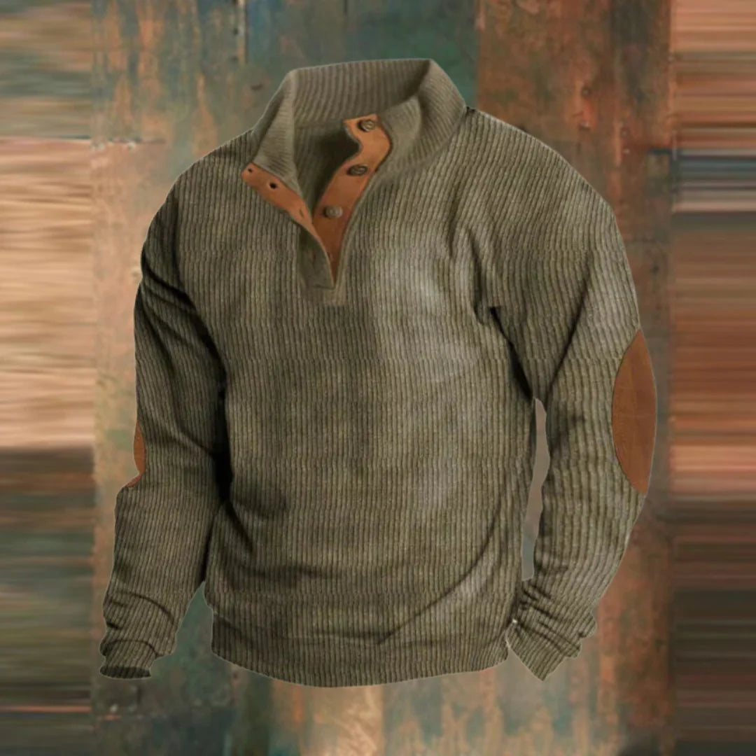 Men's ribbed pullover sweater featuring a stylish collar button placket, perfect for casual outings and comfortable layering. 0