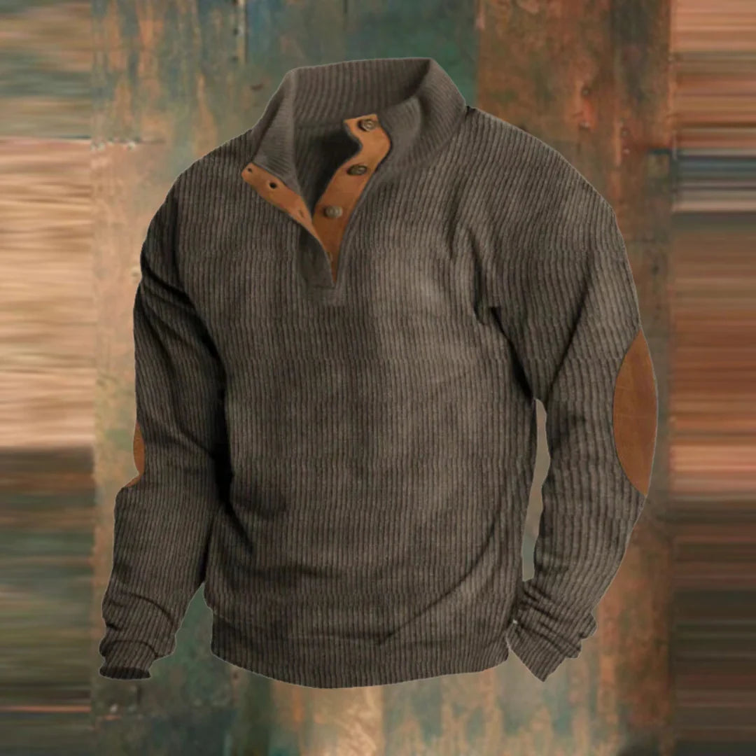 Men's ribbed pullover sweater featuring a stylish collar button placket, perfect for casual outings and comfortable layering. 2