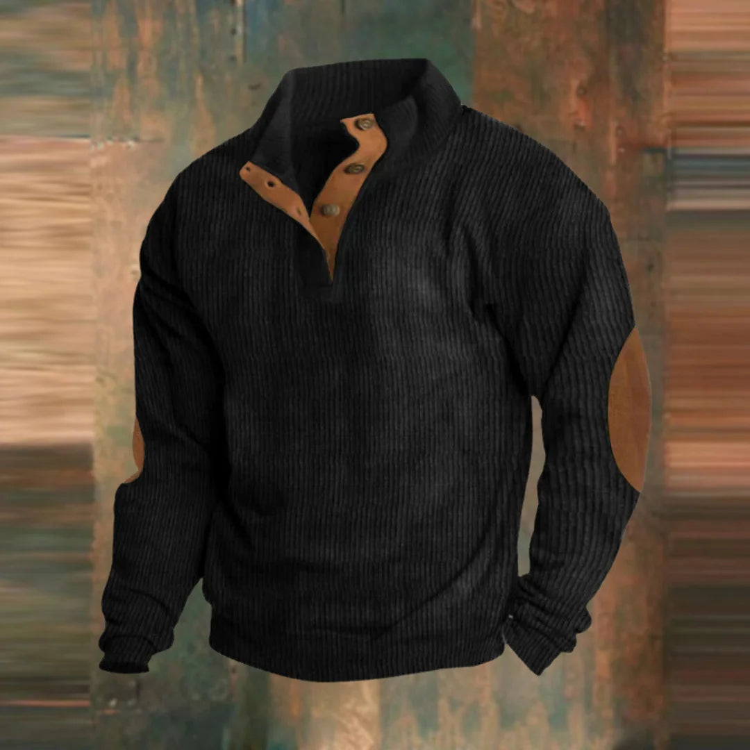 Men's ribbed pullover sweater featuring a stylish collar button placket, perfect for casual outings and comfortable layering. 4
