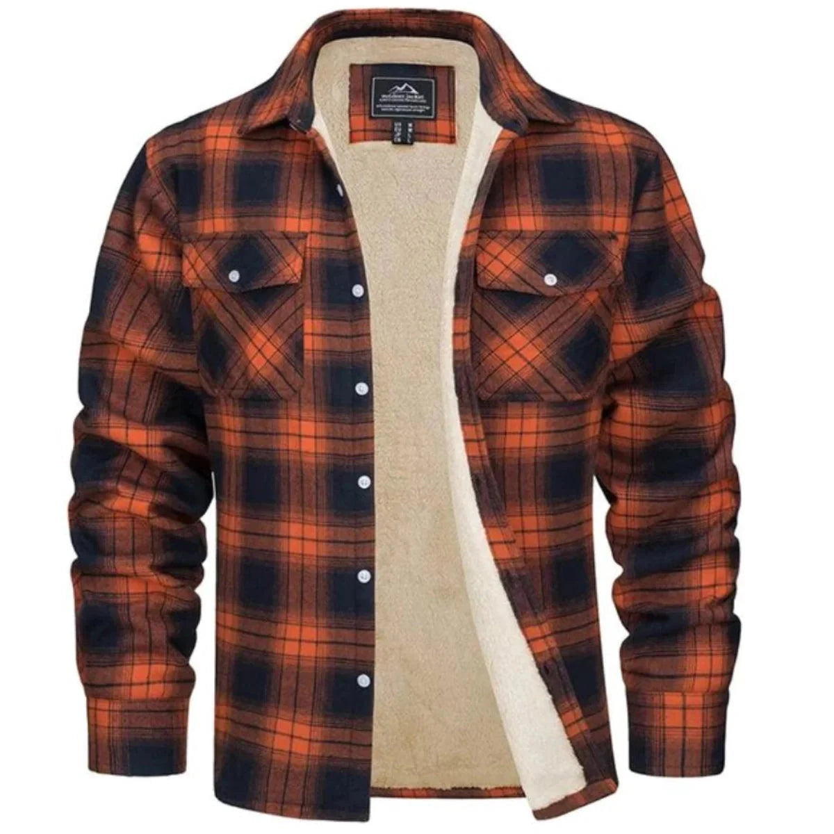 Men's shirt jacket featuring a cozy Sherpa lining and classic plaid design, perfect for a warm, relaxed fit during autumn and winter. 0