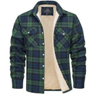 Men's shirt jacket featuring a cozy Sherpa lining and classic plaid design, perfect for a warm, relaxed fit during autumn and winter. 1