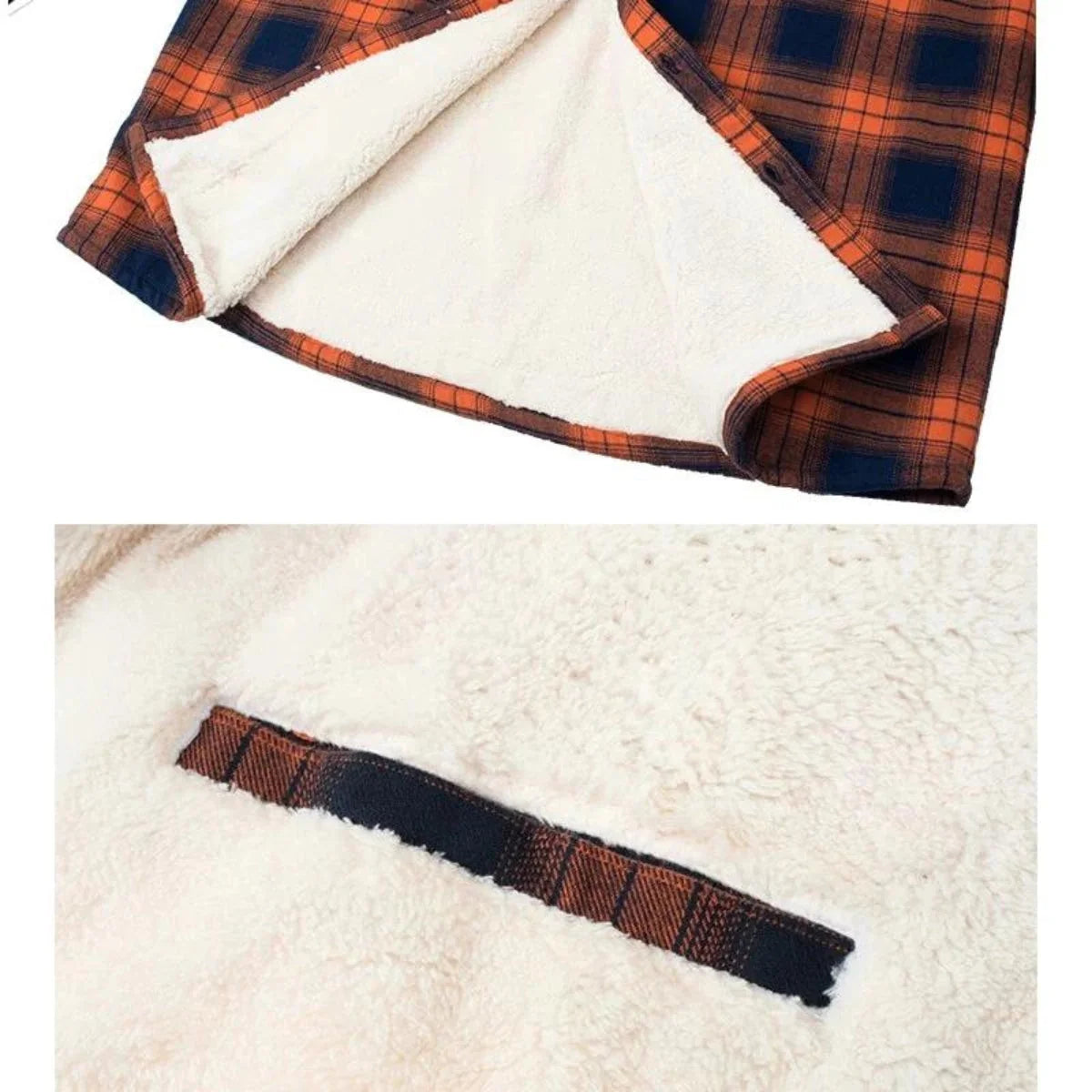 Men's shirt jacket featuring a cozy Sherpa lining and classic plaid design, perfect for a warm, relaxed fit during autumn and winter. 4