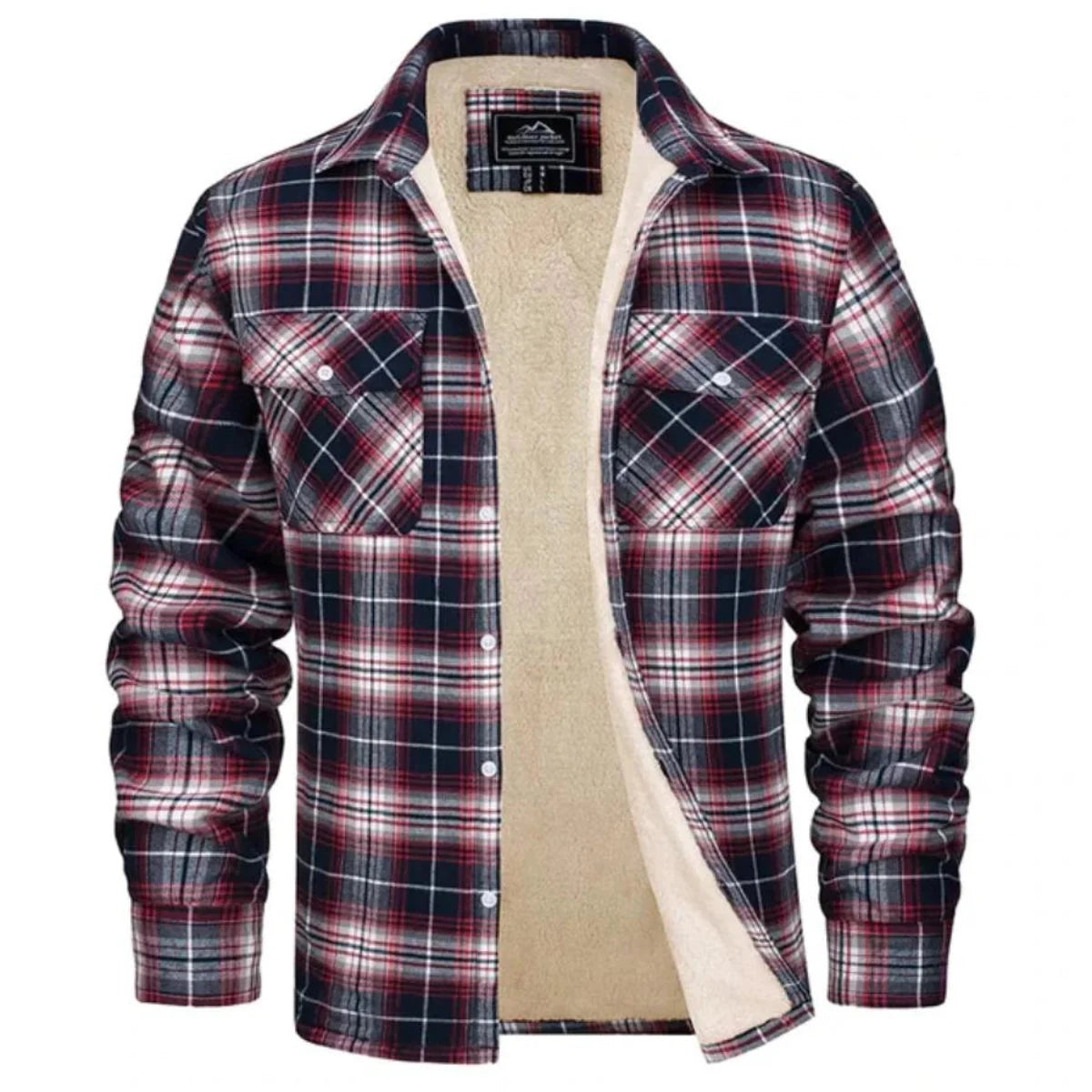Men's shirt jacket featuring a cozy Sherpa lining and classic plaid design, perfect for a warm, relaxed fit during autumn and winter. 5