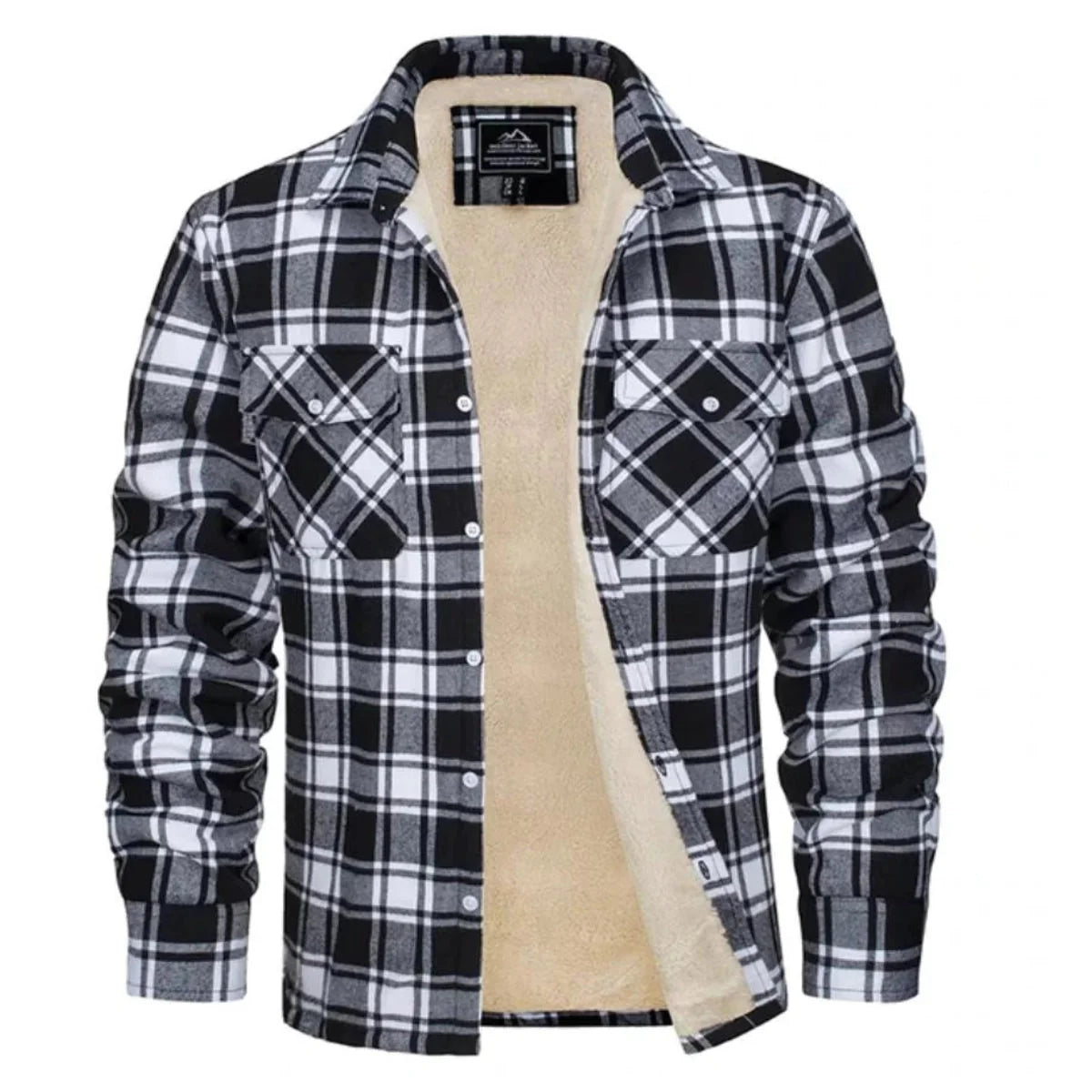 Men's shirt jacket featuring a cozy Sherpa lining and classic plaid design, perfect for a warm, relaxed fit during autumn and winter. 6