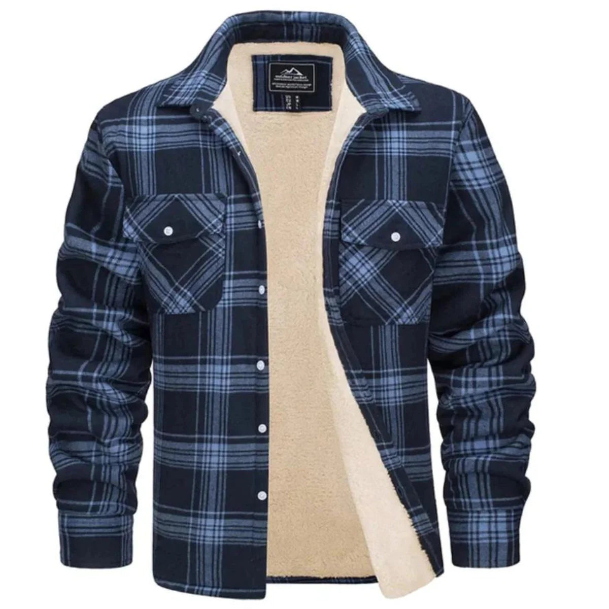 Men's shirt jacket featuring a cozy Sherpa lining and classic plaid design, perfect for a warm, relaxed fit during autumn and winter. 8