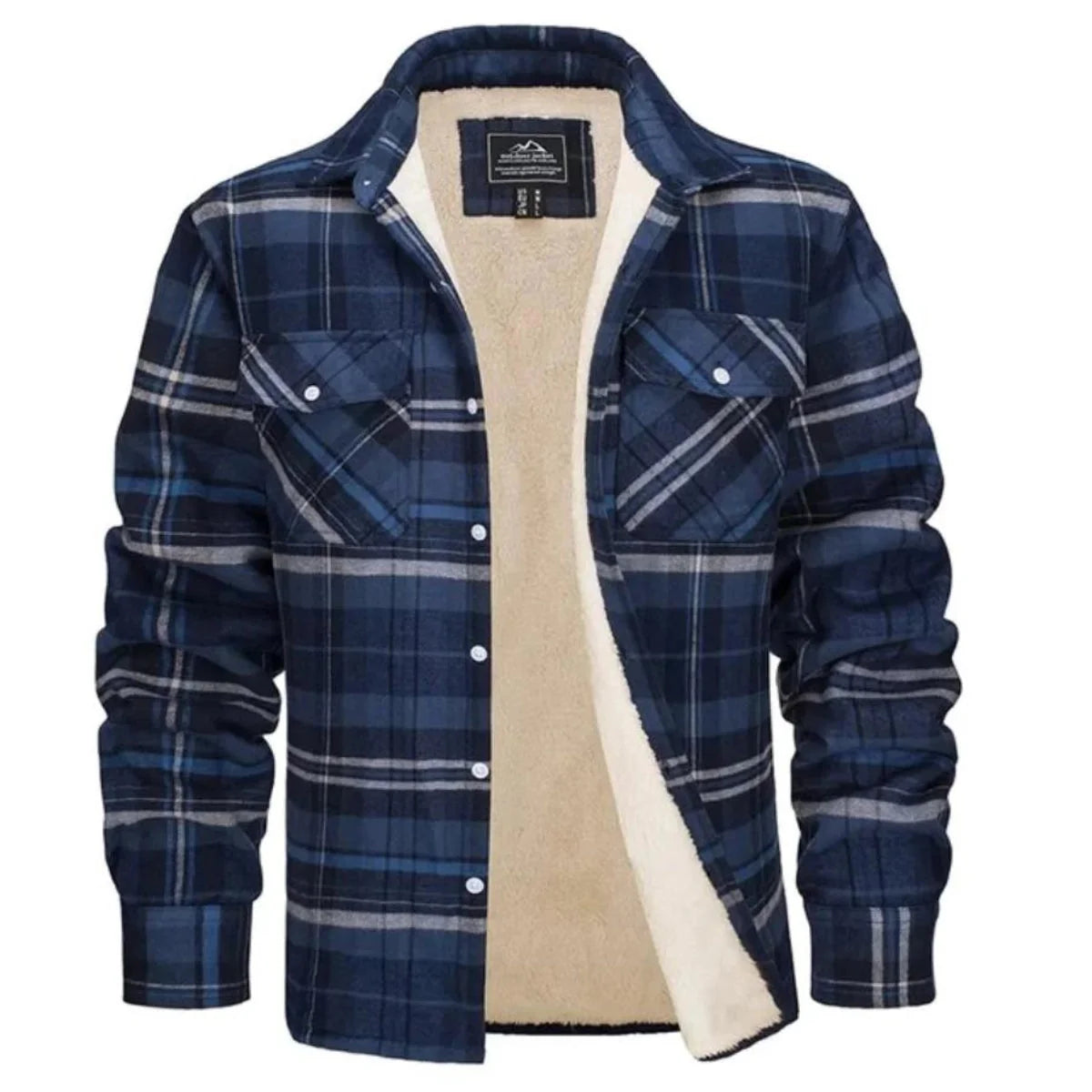 Men's shirt jacket featuring a cozy Sherpa lining and classic plaid design, perfect for a warm, relaxed fit during autumn and winter. 9