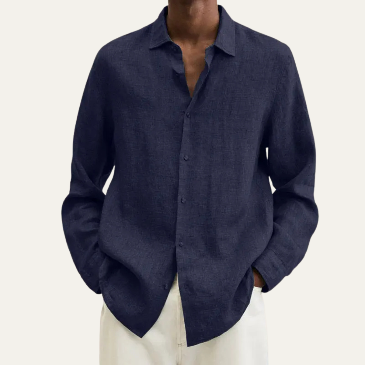Men's long sleeve button-up shirt featuring a relaxed fit and smooth woven fabric, available in multiple colors for versatile styling. 4