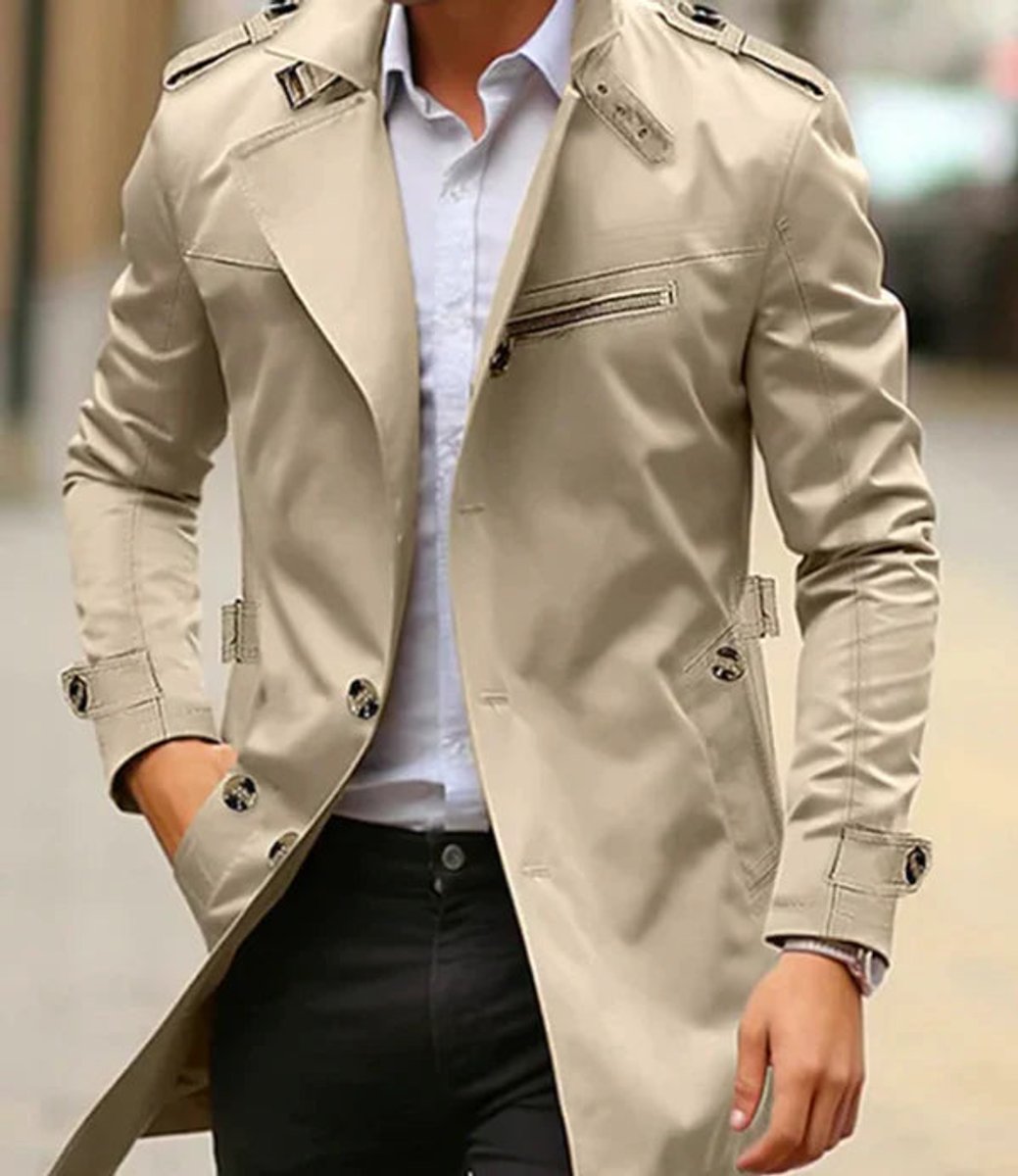 Men's slim-fit wool trench coat featuring a double-breasted design, mid-length cut, and classic style for a sophisticated look. 0
