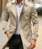 Men's slim-fit wool trench coat featuring a double-breasted design, mid-length cut, and classic style for a sophisticated look. 0