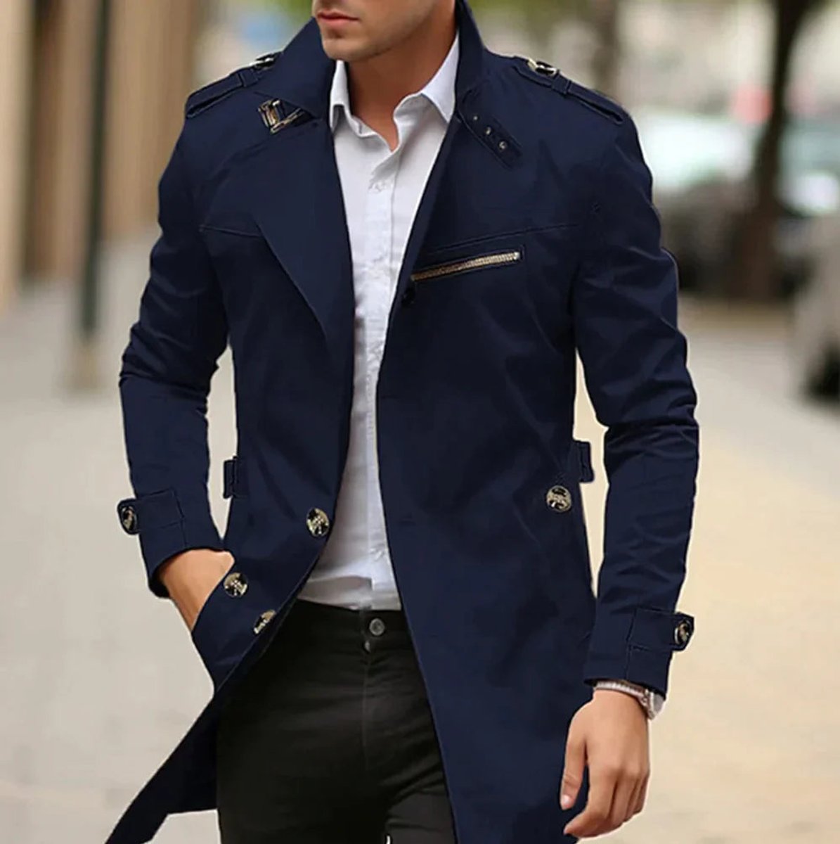 Men's slim-fit wool trench coat featuring a double-breasted design, mid-length cut, and classic style for a sophisticated look. 1