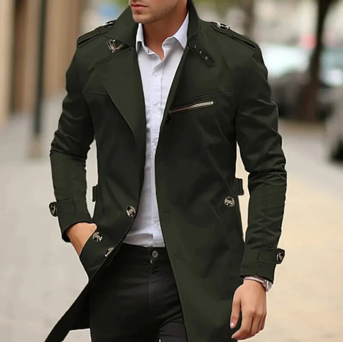 Men's slim-fit wool trench coat featuring a double-breasted design, mid-length cut, and classic style for a sophisticated look. 2