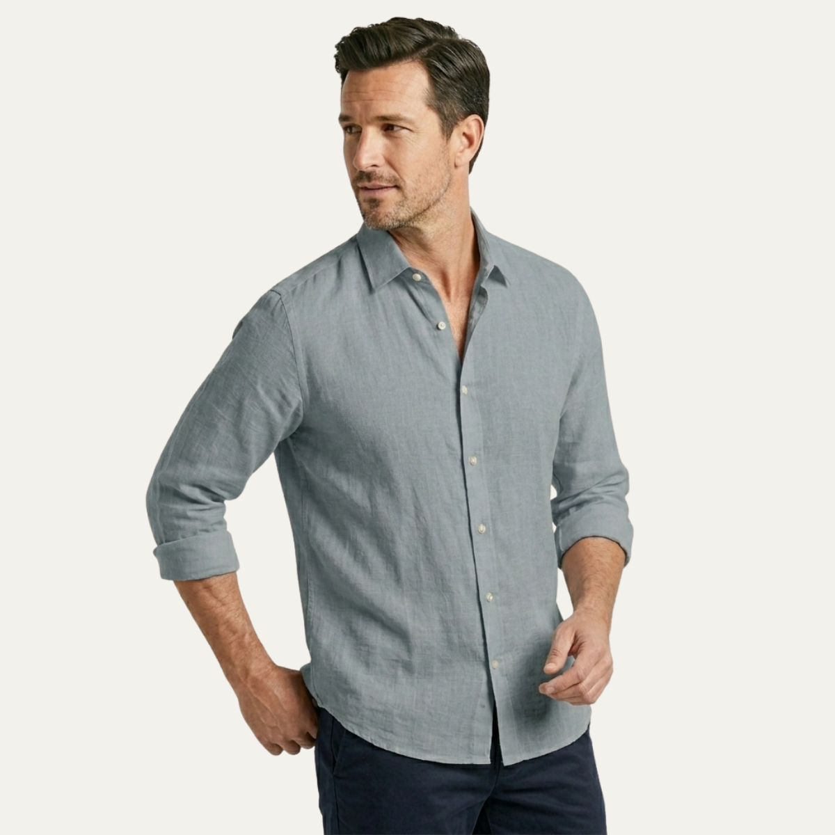Men's slim fit long sleeve shirt made from smooth woven fabric, suitable for both casual and formal occasions, available in black, white, and sage grey 2