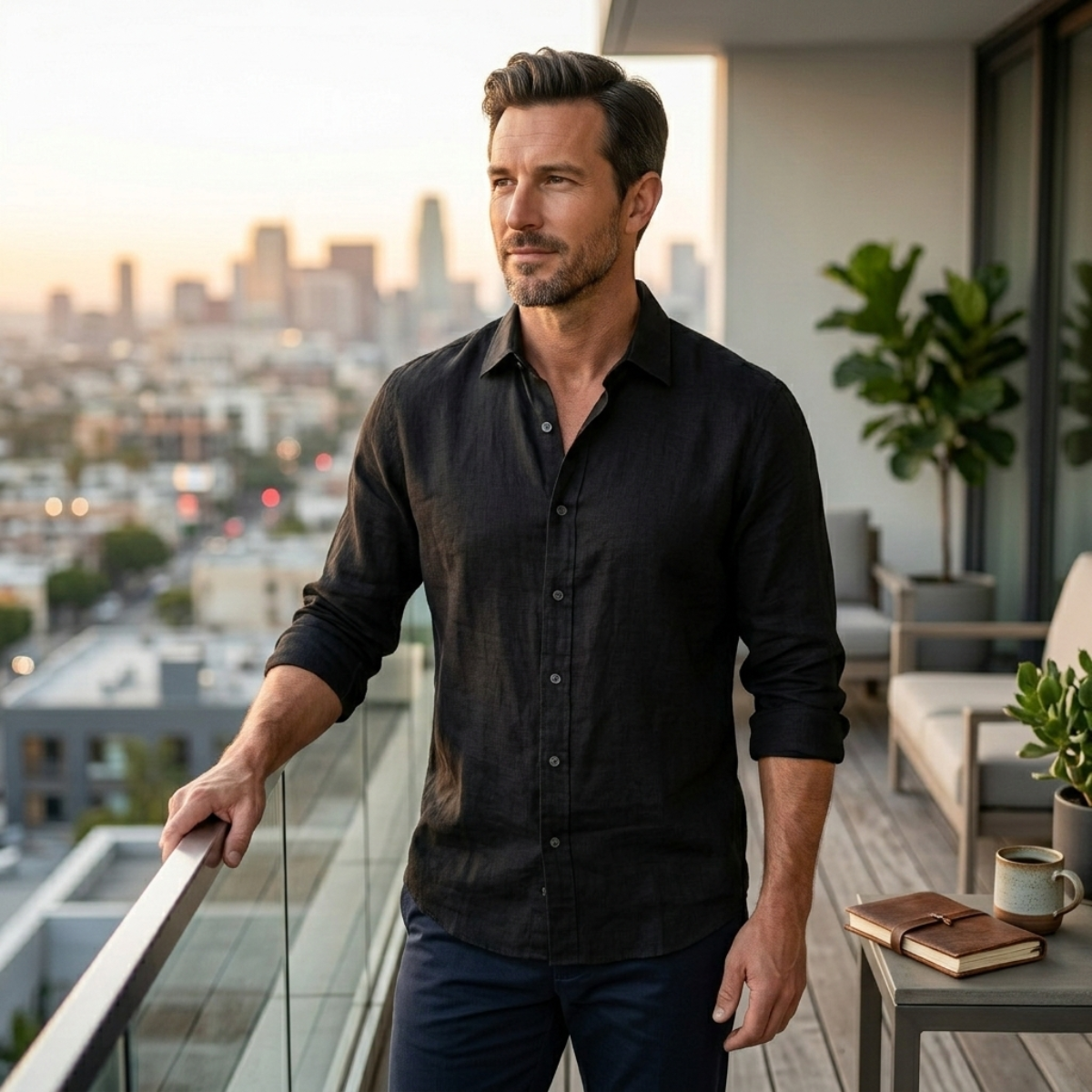 Men's slim fit long sleeve shirt made from smooth woven fabric, suitable for both casual and formal occasions, available in black, white, and sage grey 3